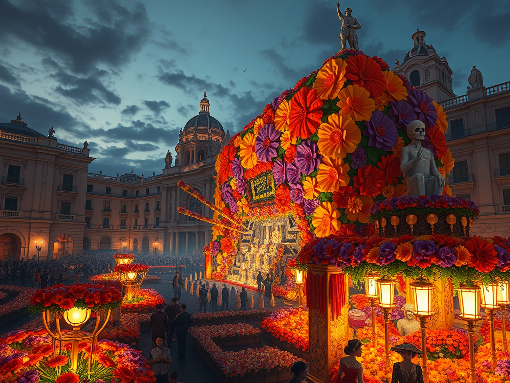 Megaofrenda y cempasúchil iluminan la capital en Día de Muertos